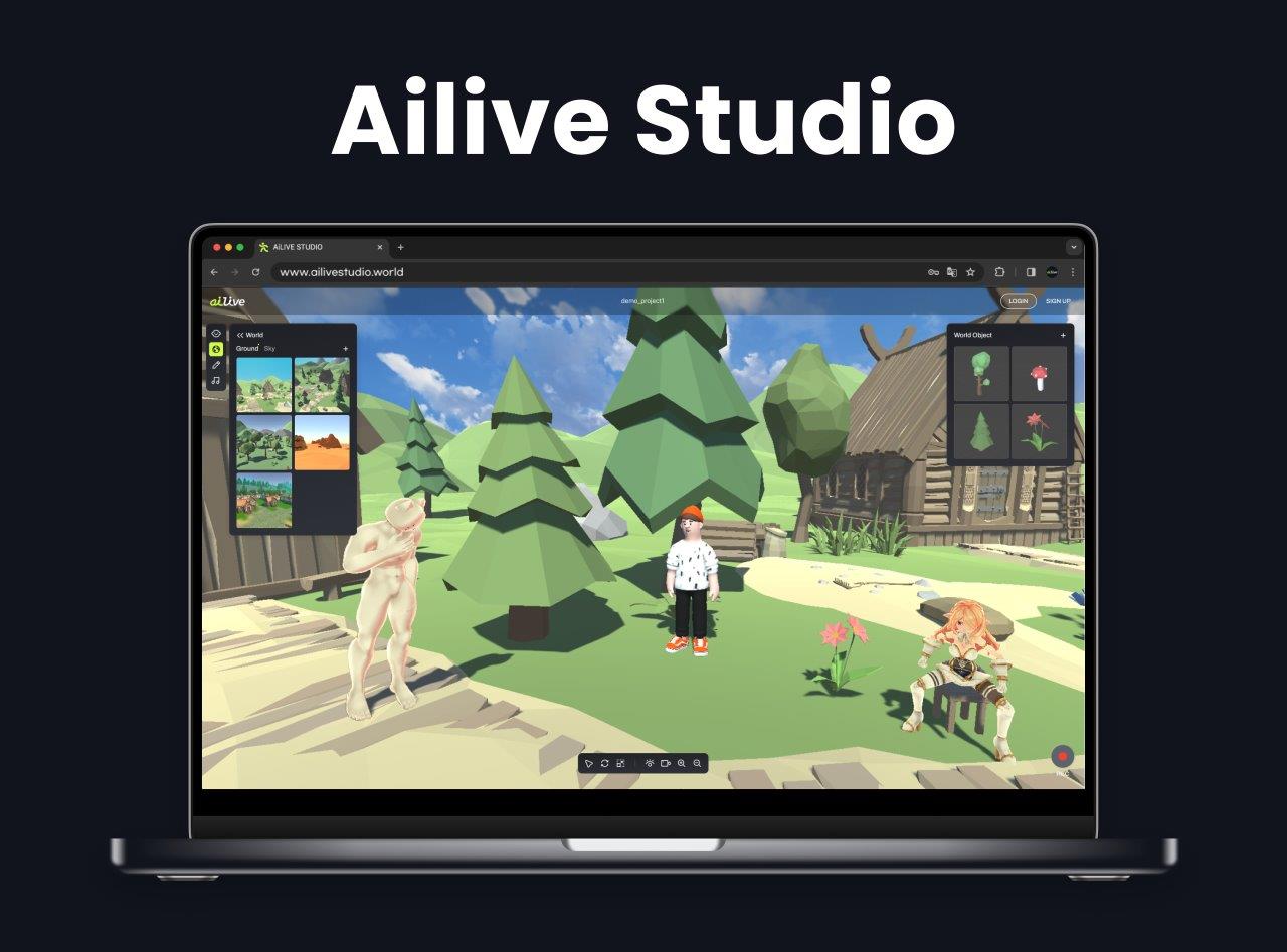 Ailive Studio: AI-powered 3D world-building platform displayed on a laptop.