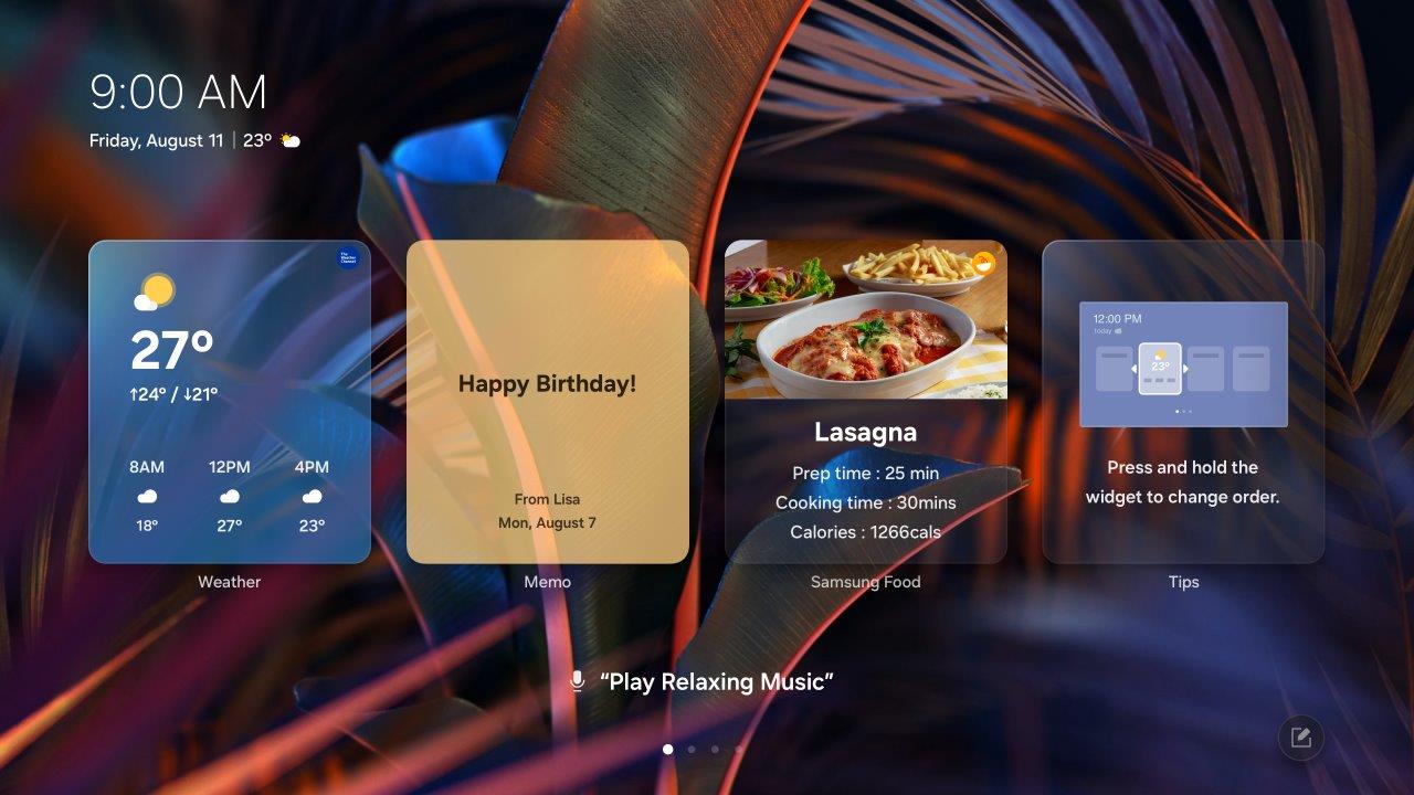 Interactive home screen displaying weather, reminders, food recipes, and tips.