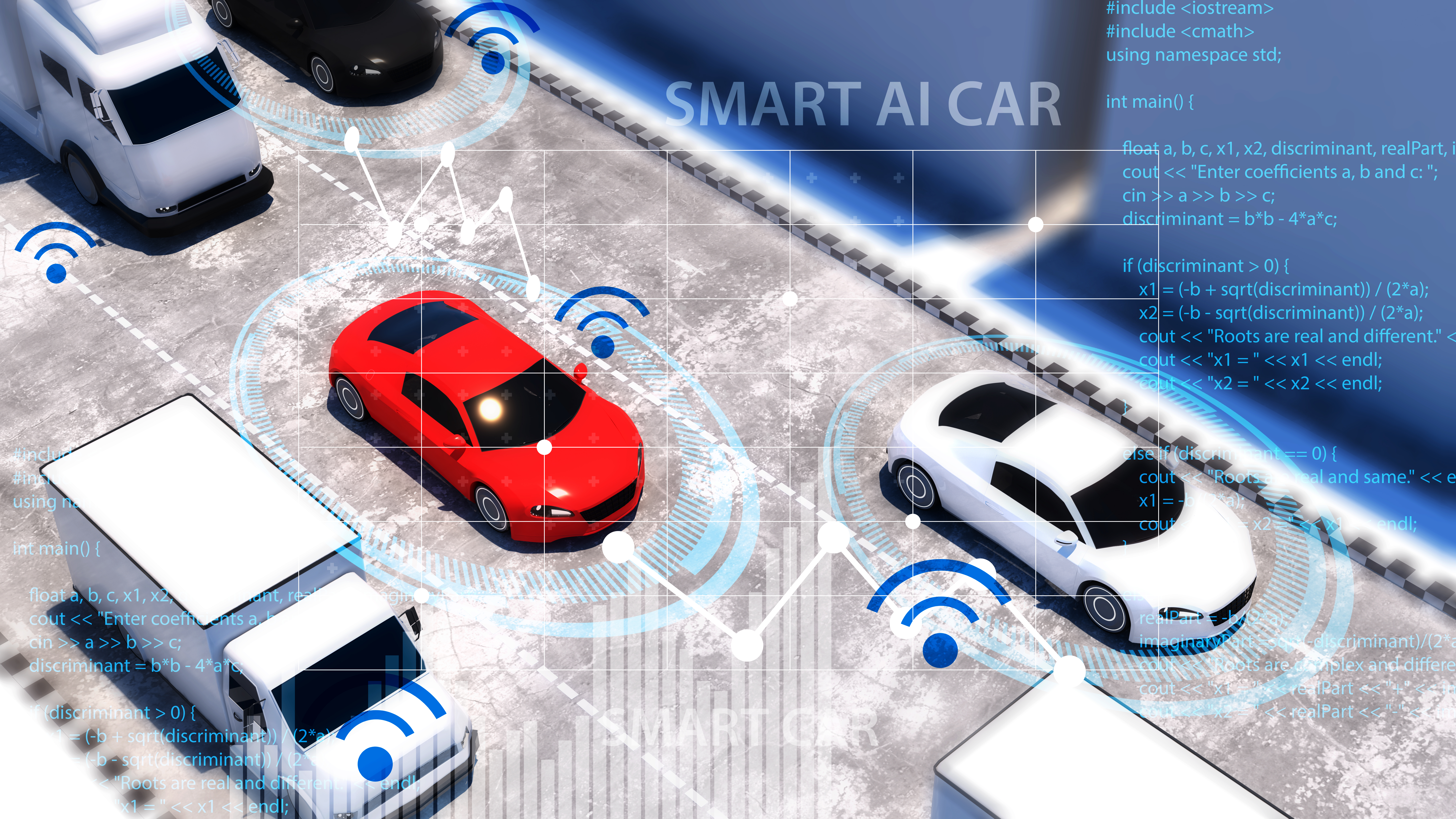 ALT Text: A top-down view of AI-powered smart cars on a road, surrounded by digital signals and data, indicating wireless communication and autonomous driving technology.