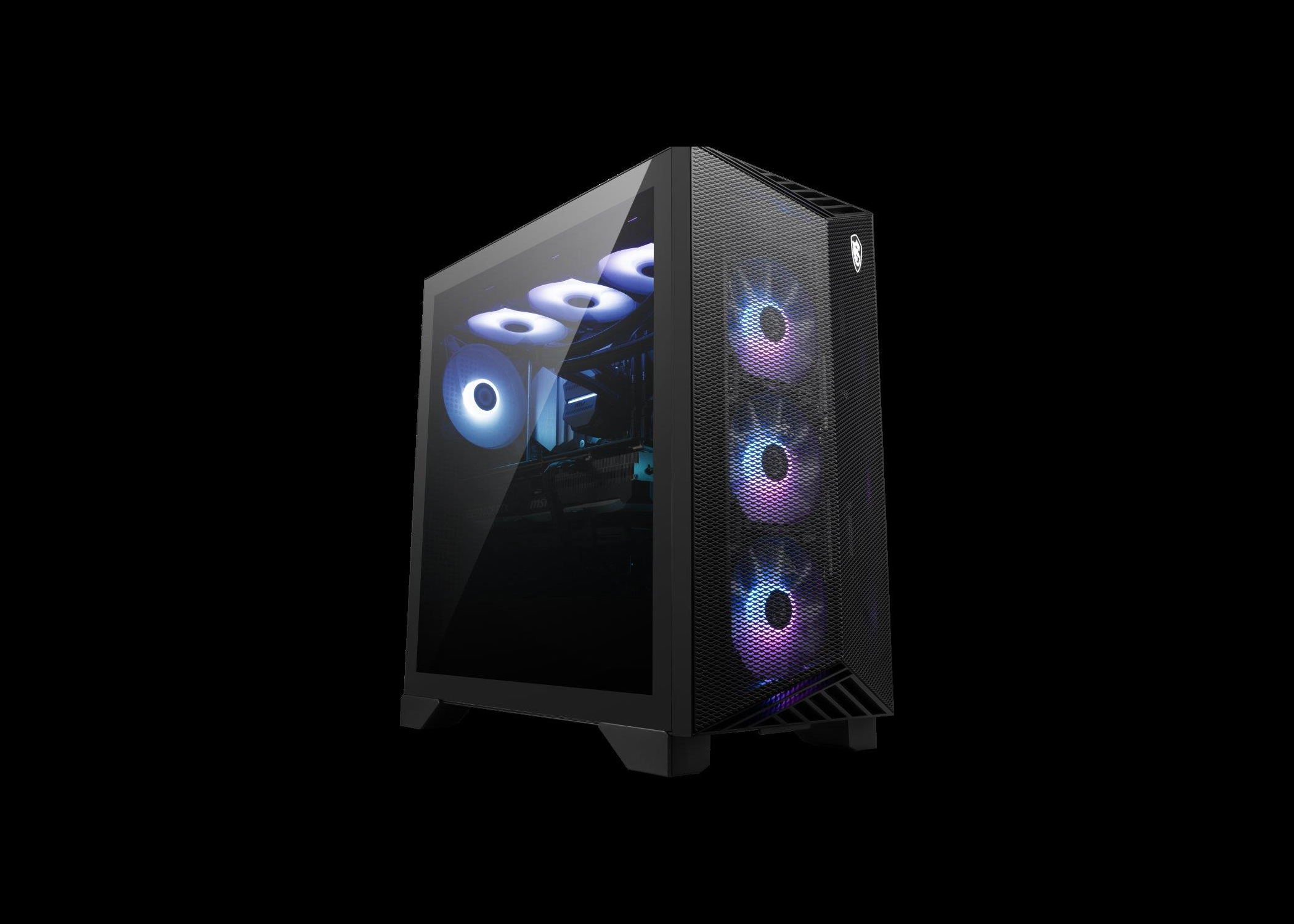 Black gaming PC with RGB-lit fans and a glass side panel.