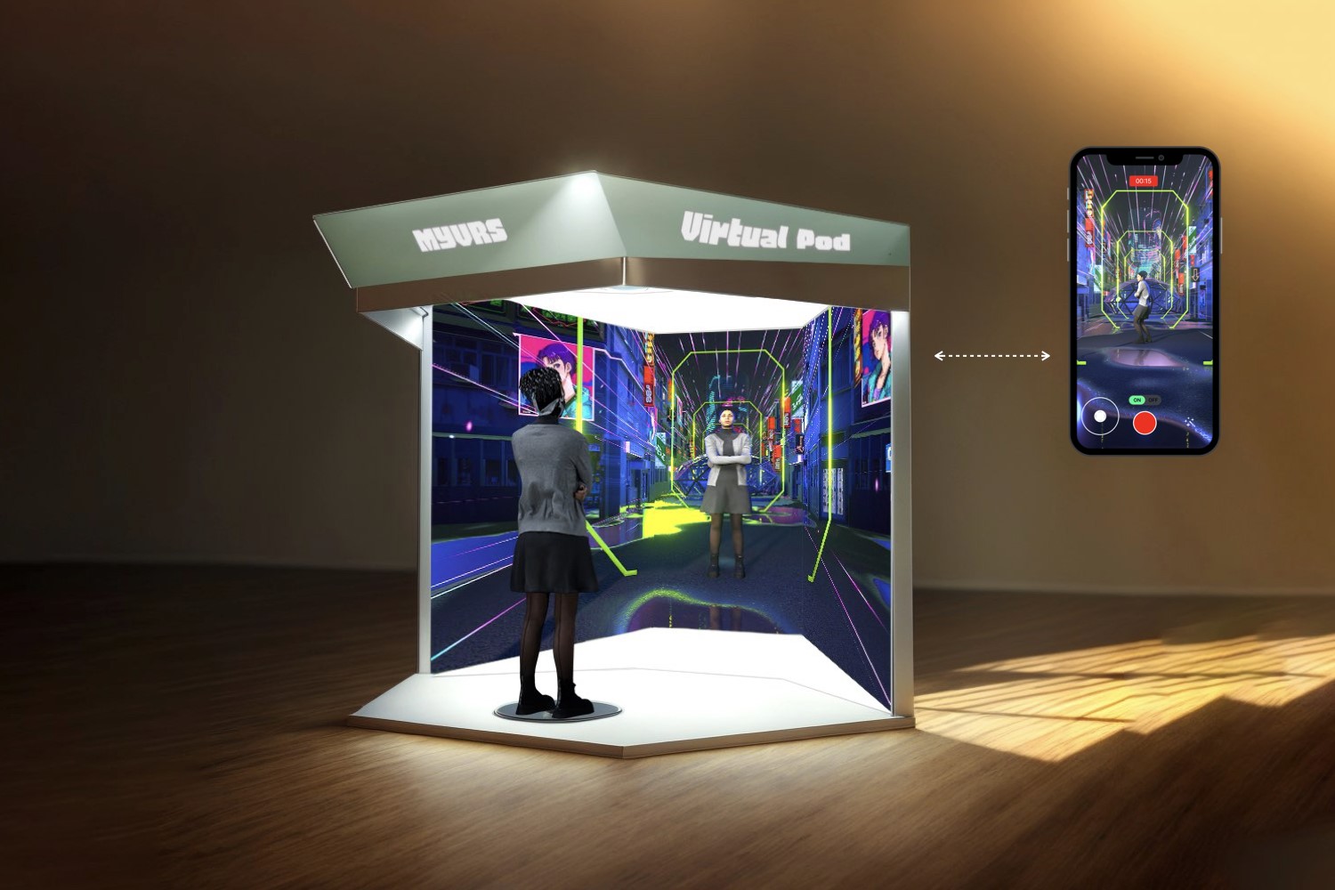 MYVRS Virtual Pod & App: A compact virtual studio with AI-generated spaces for content creation.