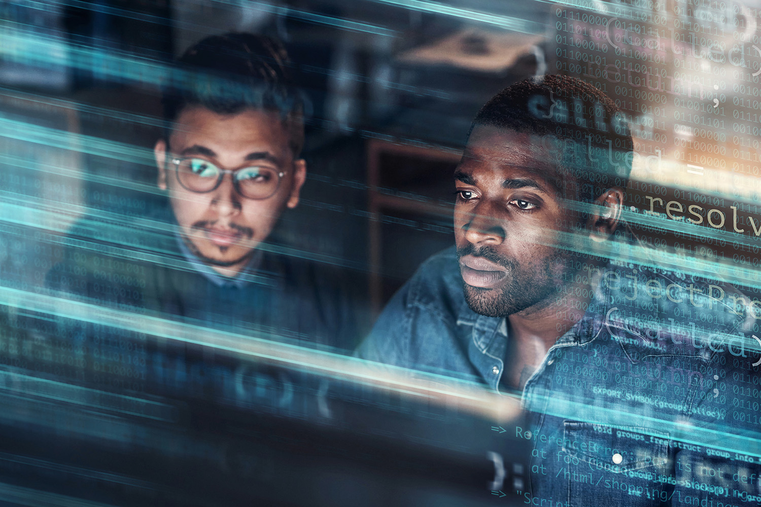 ALT Text: Two men looking at date and having the binary code floating Infront of them and out of the computer